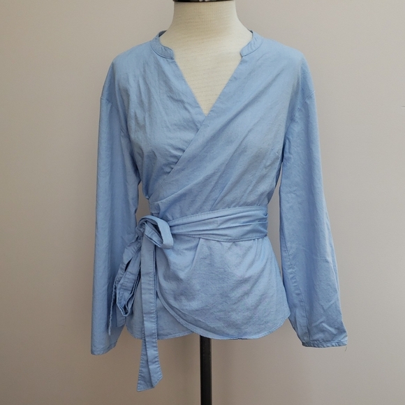 J Crew Light Blue Cotton Blend Wrap Blouse Top, Size Medium - Picture 1 of 9